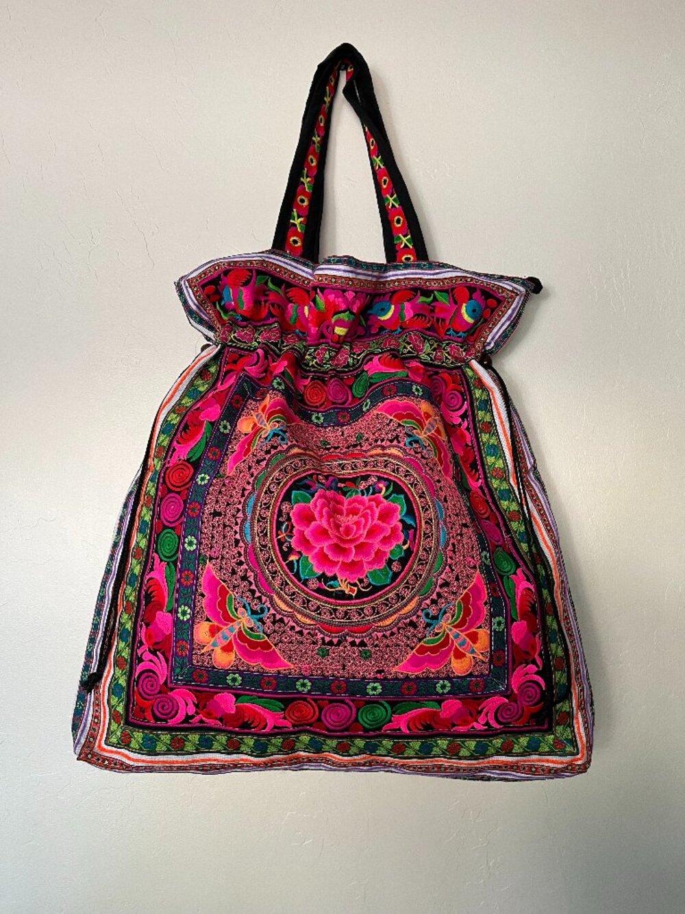Embroidered Floral Hmong Tribe Large Tote Bag 21.5" L x 23" H